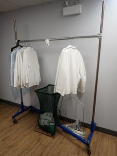 Garment Rolling Z-Rack c/w Lab Coats, Hanger Holder and Folding Bad Stand w/ Mesh Bag.