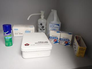 First Aid Kit, Eye Wash, Face Masks, Extra Bandages and Lidocaine Spray.
