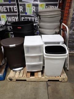 Assorted Waste Baskets, Bins, Storage Carts and Step Ladders.