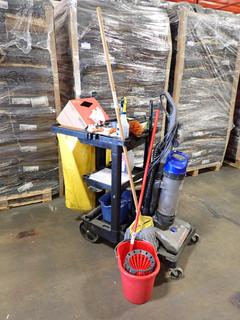 Rubbermaid Janitorial Cleaning Cart c/w Cart Bag, Mop and Bucket, Cleaning Supplies and Hoover 12A Windtunnel Upright Vacuum.
