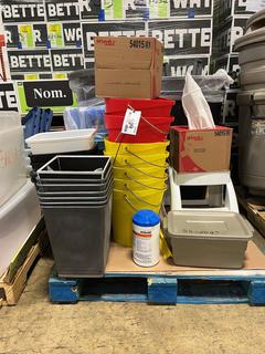 Assorted Garbage Bins, Pails, Step Ladder, Eco Lab Hand Sanitizer, Etc.