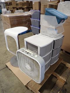 (2) Storage Cabinets with Contents, White Bar Stool, Portable Fan and Bins.