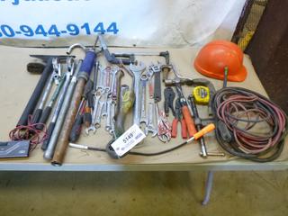 Qty of Misc. Items Including Shop Hand Tools - Wrenches, Plyers, Screw Drivers, Hard Hat, Manual Pump and More (W21)