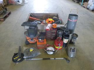 Qty of Misc. Items Includes Maxus Portable Sand Blaster *Note: No Wheels, Working Condition Unknown*, Ridgid Shop Vac, Welding Rods, Welding Helmet and Other Assorted Items, (J-5-2)