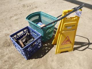 Qty of Misc. Items Includes, Wet Floor Sign, Crate of Hitches, Air Flow Duct Fan, Foot Valve and Chain