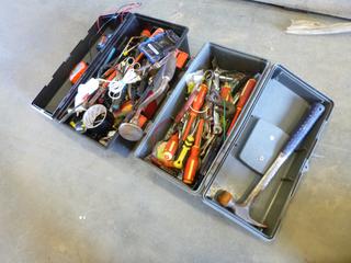 (2) Tool Boxes w/ Contents Includes Hammer, Screw Drivers Manual Drill and Other Small Hand Tools (L-2-2)