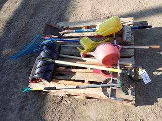 Qty of Landscape Tools Includes Shovels, Rake, Broom, Aerator, Watering Can and Other Assorted Items