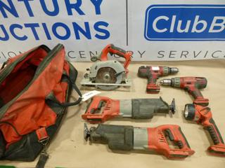 (2) Milwaukee 0719-20 28V Cordless Sawzall, (2) Milwaukee 0724-20 Cordless 1/2 In. Drill Impact, (1) Milwaukee 0730-20 Cordless 6 1/2 In. Circular Saw, (1) Milwaukee 49-24-0185 Work Light (F-1)