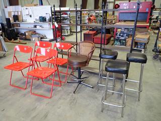 Shelving Unit, 6 Ft. Long x 63 In. High, 9 In. Deep, (4) Folding Chairs, (4) Bar Stools (Y23)
