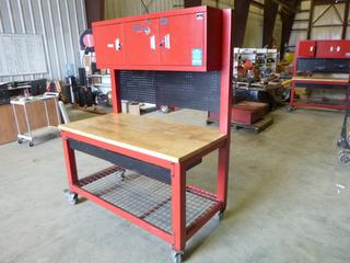 Whalen Storage Bench w/ Top Storage Unit and Pegboard, 60 In. x 30 In. x 76 In. *Note: Contents Included* (H)