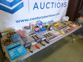 Qty of Paint Supplies Including Black & Decker Electric Sander, Varcon Battery Charger, Caulking Guns, Screw Drivers, Unused and Used Paint Brushes (J-1-3)