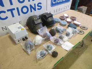 (2) Welding Helmets w/ Power Supply Box, Grinding Discs, Scuff Ball, Various Sizes (L33)