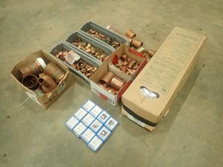 Qty of Misc. Supplies, Copper Fittings, 90's, 45's, T's, Caps, Joiners, 1/2 In. Up To 2 1/2 In. c/w (12) Mainline 1/2 In. x 3/8 In. O.P. Lock Key, Angle Valves (OS)