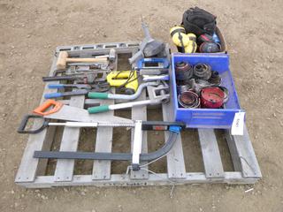 Qty of Assorted Tools Including Pipe Wrenches, Dead Blow Hammers, Saw, Pipe Crimper, Toilet Snake, Greenlee 710 Metal Stud Punch, Drill Bits, Electric Stapler Nailer, Ear Protection Covers, Husky Knee Pads And More