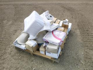 Qty of Plumbing Supplies Includes Bathroom Sinks, Delta Tub and Shower Trim, Toilet Set w/ Lid and Other Assorted Items