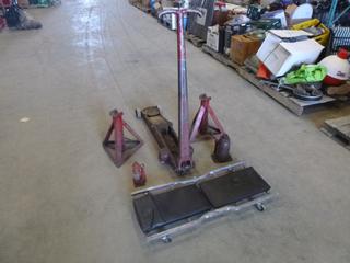 (2) Jack Stands, (2) Bottle Jacks, (1) Creeper, (1) Walker Hydraulic Floor Jack 3 3/4 to 20 Cap. 2 Tons