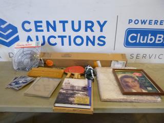 Qty of Misc Items Includes Ping Pong Paddles and Net, Cribbage Board, Qty of Picture Frames, Blinds and 3 Tier Hanging Basket (G1)