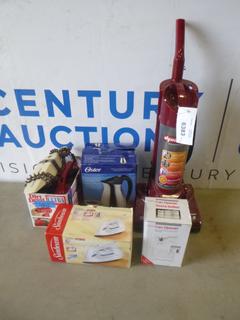 Qty of Small Home Appliances Includes Dirt Devil Hand Held Vacuum, Turbo Mini Vacuum, Sunbeam Iron, Sunbeam Electric Can Opener, Oster Kettle and Dynamite Vacuum (Y-3-2)