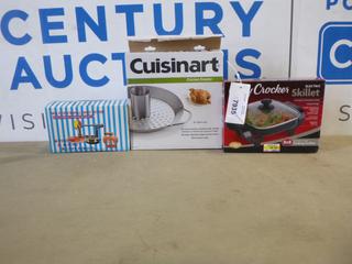 Betty Crocker Electric Skillet, 8 In. x 8 In.,  Cuisinart 12 In. Chicken Roaster, Multifunctional Fruit Cutter (M42)