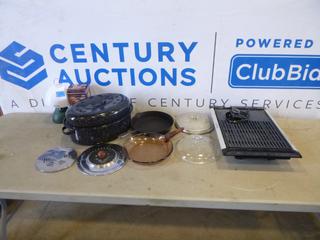 Assorted Pots and Pans, Turkey Stuffing Cage, Coleman Camp Lamp, Hamilton Beach Electric Grill *Note: Damaged* (G-2)
