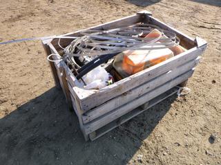 Wood Crate of Assorted Items Includes Light Beacons, Hoses, Wagon Tires and Metal Banding (OS)