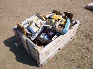 Wood Crate w/ Contents of Assorted Machine Parts Includes Hydraulic Hoses, Headlights, Diesel Engine and Starting Fluid (OS)