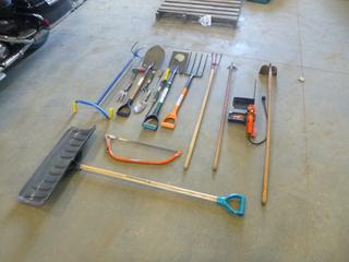Qty of Gardening Tools Including Shovels, Rakes, Saw, Remington 14 In. Chainsaw, Solar Lights and Plant Boxes *Note: Working Condition Unknown On Solar Lights*