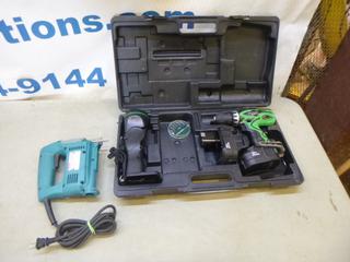 (1) Hitachi D5 18DVF3 C/w (2) 18V EB1814SL Battery and Hitachi UB 18D Flashlight * Note: No Charger, Working Condition Unknown* (1) Makita Jigsaw, 120V, Max 65mm *Note: Working Condition Unknown* (E-2)