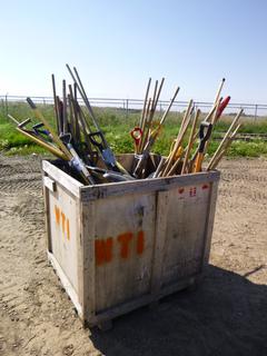 Qty of Hand Tools Including Rakes, Shovels, Brooms, Floor Squeegees w/ Wood Crate, 39 In. x 44 In. x 41 In.