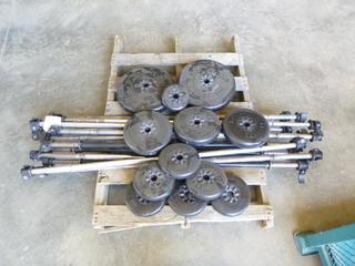 Weight-Lifting Equipment: Qty of Straight Bar Bells, Clips, c/w York Weight Plates: (2) 25 lbs., (3) 10 lbs., (6) 5 lbs., (1) 2.5 lbs.