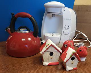 KitchenAid 2.13L Stainless Steel Stovetop Kettle w/ Bosch Tassimo Coffee Maker, Sugar Bowl, Creamer, Salt and Pepper Shaker (Office)