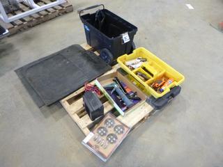 Assortment of Road Pro Heater, Harley Davidson Flat Turn Signal Lenses and Truck Mud Flaps, Bin w/ Assorted Hand Tools and Others (OS) (Row 2)