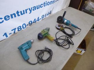 (1)  Makita 6510LVR 3/8 In. Drill, (1) Mikita Grinder, (1) DeWalt  DW291 1/2 In. Impact Wrench  * Note: Working As Per Consignor* (OS)