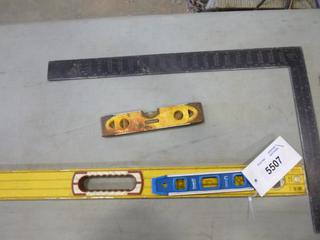 Rok Drywall 48 In. T-Square, Stabila 59 In. Level, (1) Stanley Torpedo Level, (1) Empire Torpedo Level and 24 In. Square (OS) (Row 4)