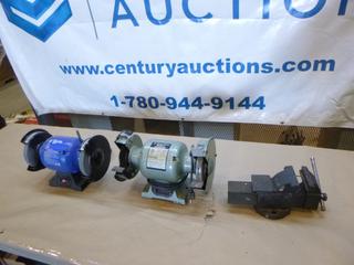 (1) Powerfist 6 In. Electric Bench Grinder, 1/3 HP 3.5A, 3500 RPM (1) MD150K 6 In. Electric Bench Grinder, 1/2 HP, 120V, 3450 RPM  (1) Bench Vise * Note: Working Condition Unknown * (F-2) 