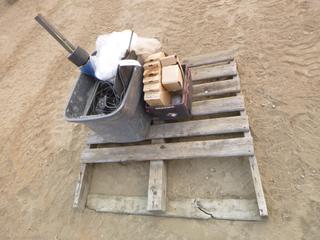 Qty of Misc. Items Including Tool Basket, Electric Pencil Engraver, Non-Submersible Pump, Boot Covers, Cardboard Storage Bins 