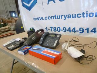 Qty of Office Supplies Including Phone, Calculators, Ink Cartridges, Hole Punch, Security Camera, Shark Vacuum (E-1)