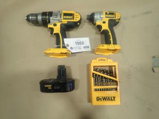 DeWalt DCD950, 18V, 1/2 In., Drill C/w (1) 18V Battery, DeWalt DC825, 18V, 1/4 In., Impact Driver And DeWalt Imperial Drill Bit Set (B-1)