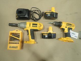 DeWalt DW059 18V 1/2 In. Impact Wrench C/w DeWalt DC970 18V 1/2 In. VSR Drill/Driver, (2) 18V Batteries, (1) 18V Charger And DeWalt Imperial Drill Bit Set (B-1)