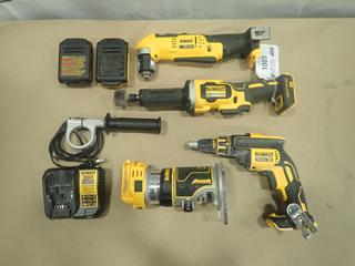 DeWalt DCG426 20V 1 1/2 In. Die Grinder C/w DeWalt DCD740 20V 3/8 In. VSR Right Angle Drill/Driver, (2) 20V Batteries, DeWalt DCF620 20V Drywall Screw Gun, DeWalt DCW600 20V Compact Router And (1) 20V Charger (B-1)