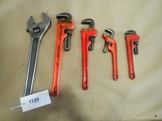 (1) 18 In. And (1) 10 In. Ridgid Pipe Wrenches C/w (1) Westward 10 In. And (1) 14 In. Pipe Wrench And Proto 18 In. Adjustable Wrench (A-2)