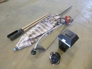 Assortment of Misc. Items Includes Stinger High Performance  Mosquito Attractment UV40, Homelite Grass Trimmer *Note: Gas Cap Missing*, Patio Umbrella,  Burcam  300506 BPS Sump Pump * Note: Working Condition Unknown* (NE Floor)