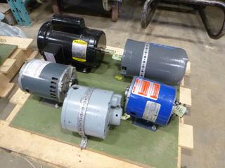 (1) Baldor Industrial Motor, 1 Phase, 1 HP, 115V, 1725 RPM, (1) Doerr Motor, 1 Phase, 3/4 HP, 22V, 2900 RPM, (1) GE Motor, 1/2 HP, 115V, 1725 RPM, (1) CGE Motor, 60 Hz, 1 Phase, 1/3 HP, 115V, (1) Pres Tolite Motor, 1/3 HP, 115V, 1725 RPM *Note: Working Condition Unknown* (NE Floor)