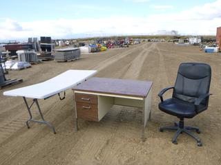 Metal Desk C/w Office Chair and Folding Table *Note: Folding Table Damaged*