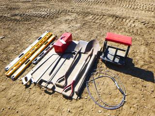 Qty of Shop Tools and Supplies  Includes Tool Stool w/ Wheels, Shovels, Levels, Plumbing Snake, Baseball Bat, Hand Powered Saw and Tool Box