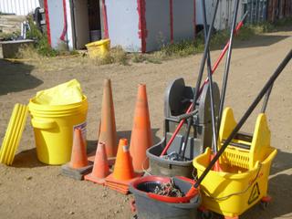 Assortment of Mop and Buckets, Qty of Pylons and Spill Kit (OS)