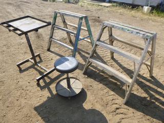 (2) Aluminum Step Ladders, (1) Rolling Shop Tray and (1) Ultra Pro Mechanic Seat