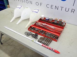 Qty Of Funnels, Metal Trays, Lincoln Electric Brazing Rod, Low Temperature Brazing Flux, Taps And Assorted Supplies (NE Floor)