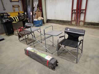 (2) Coleman Folding Chairs w/ Attached Folding Tables, C/w Camping Table And (1) 10 Ft. X 10 Ft. Coleman Sun Shade  (OS)