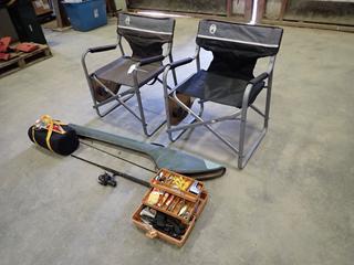 (2) Coleman Folding Chairs C/w Fishing Rod, Survival Kit, Tackle Box w/ Lures, Hooks And Assorted Fishing Supplies (Z)